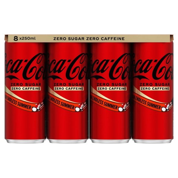 Coca Cola zero caffeïne blik 8 x 250 ml voorkant