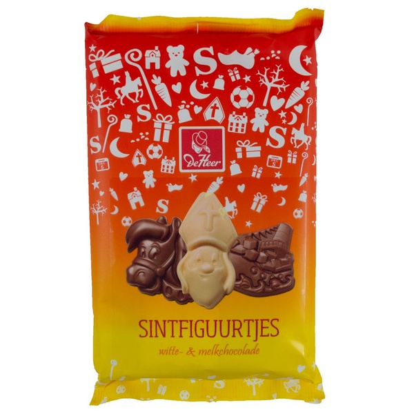 De Heer sintfiguurtjes wit en melkchocolade voorkant