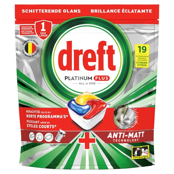 Dreft vaatwascapsules platinum plus anti-dofheid lemon voorkant