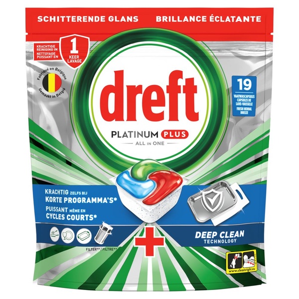 Dreft vaatwascapsules platinum plus deep clean voorkant