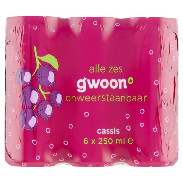 g'woon cassis 6-pack blik 250 ml voorkant