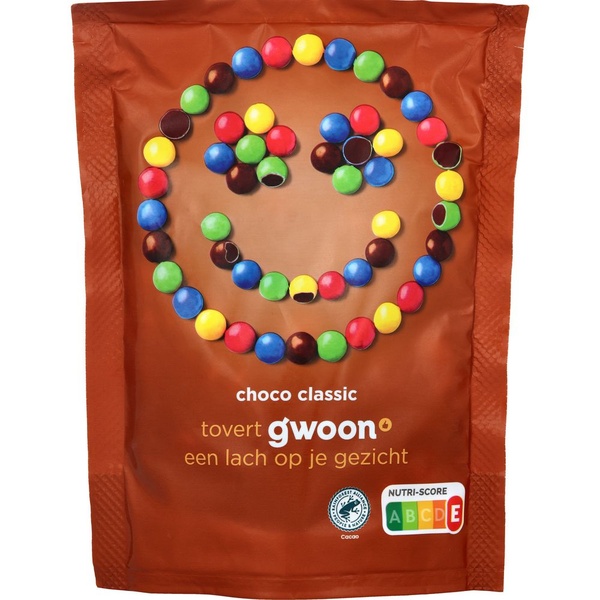 g'woon chocolade linsen voorkant