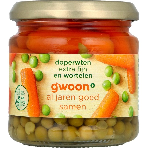 g'woon doperwten extra fijn en wortelen voorkant