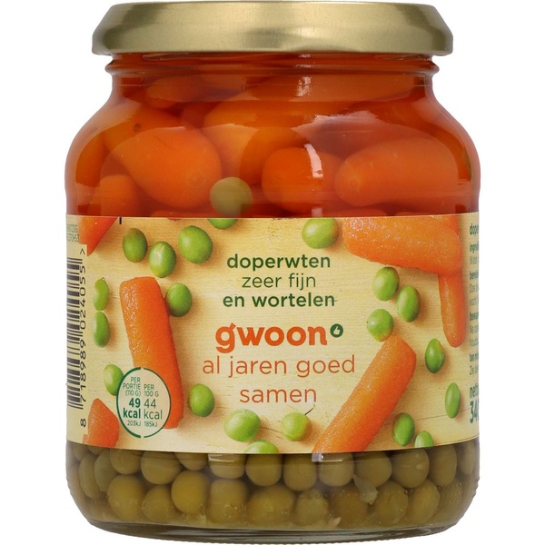 g'woon doperwten zeer fijn en wortelen voorkant