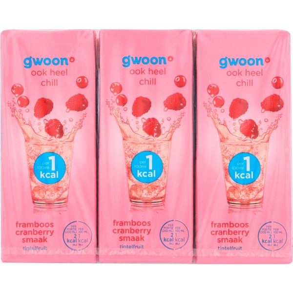 g'woon frisse fruitdrank framboos cranberry 1kcal 6x200ml voorkant
