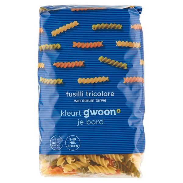 g'woon fusilli tricolore 500 gram voorkant