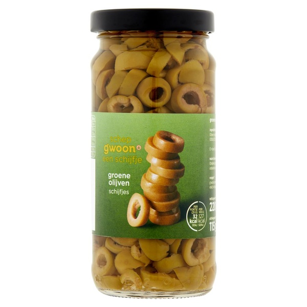 g'woon groene olijven schijfjes voorkant