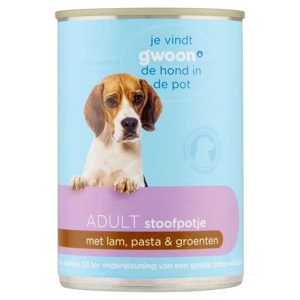 g'woon hondenvoer stoofpotje met lam, pasta en groenten voorkant