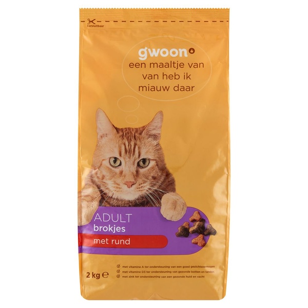 g'woon kattenknabbels met vlees voorkant