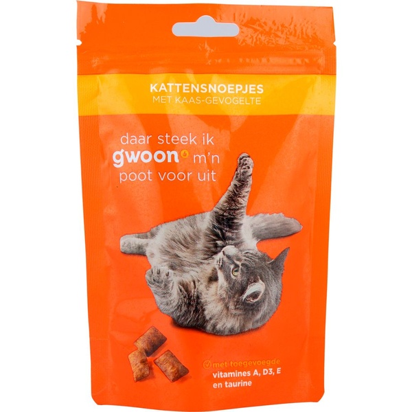 g'woon kattensnoepjes kaas en gevogelte voorkant