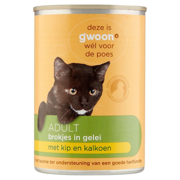 g'woon kattenvoer brokjes in gelei met kip en gevogelte voorkant