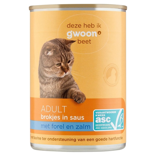 g'woon kattenvoer brokjes in saus met forel en zalm voorkant