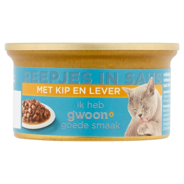 g'woon kattenvoer reepjes in saus kip & lever voorkant