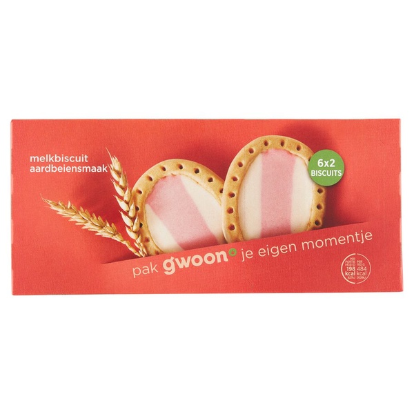 g'woon melkbiscuit aardbeiensmaak voorkant