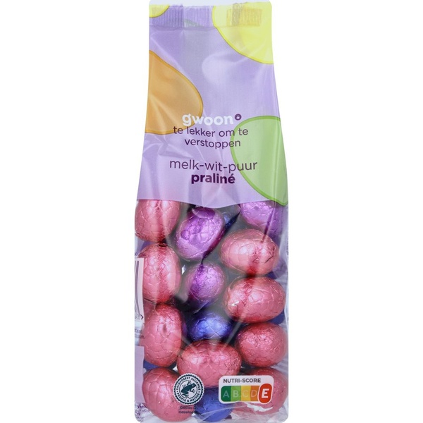 g'woon paaseitjes melk wit puur praline voorkant