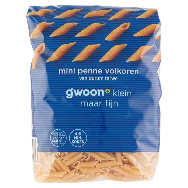 g'woon pasta mini penne volkoren voorkant