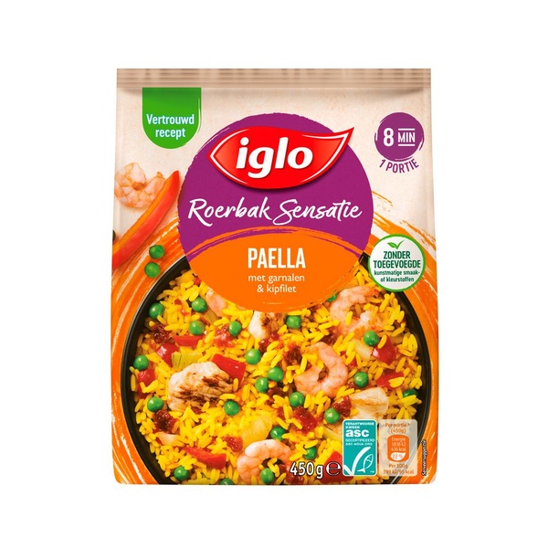 Iglo Roerbaksensatie paella met garnalen en kipfilet voorkant