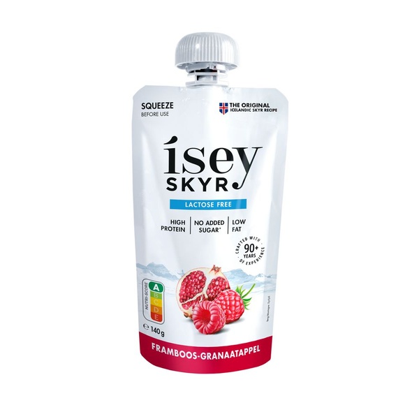 Isey Skyr pouch framboos granaatappel voorkant
