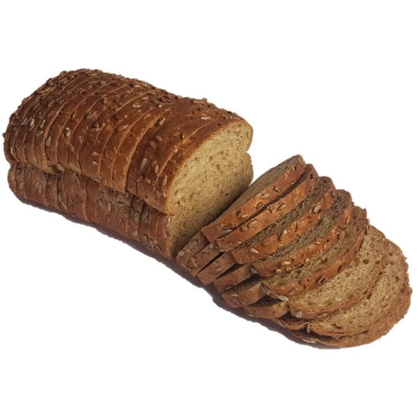 Lokale Bakker volkoren met zonnepitten half gesneden voorkant