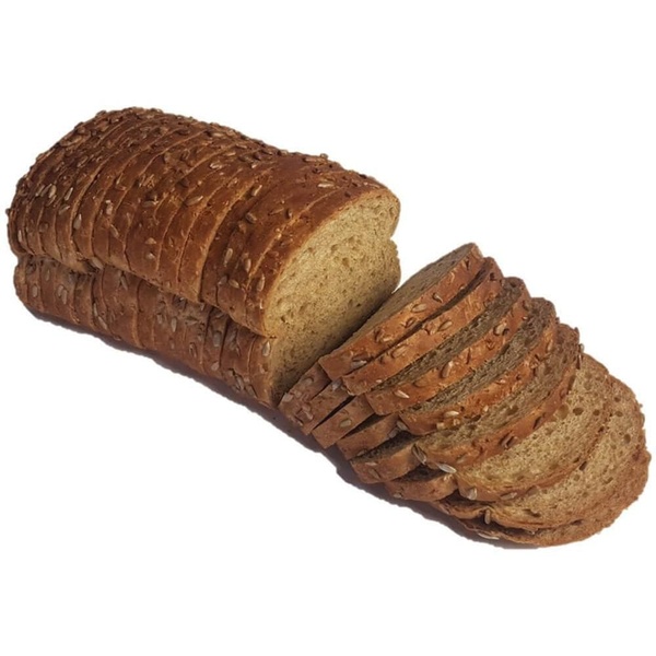 Lokale Bakker volkoren met zonnepitten heel gesneden voorkant