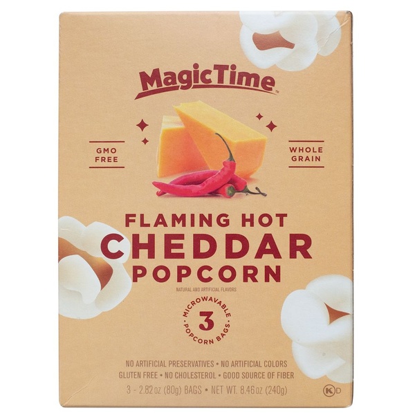 Magic Time flaming hot cheddar popcorn voorkant