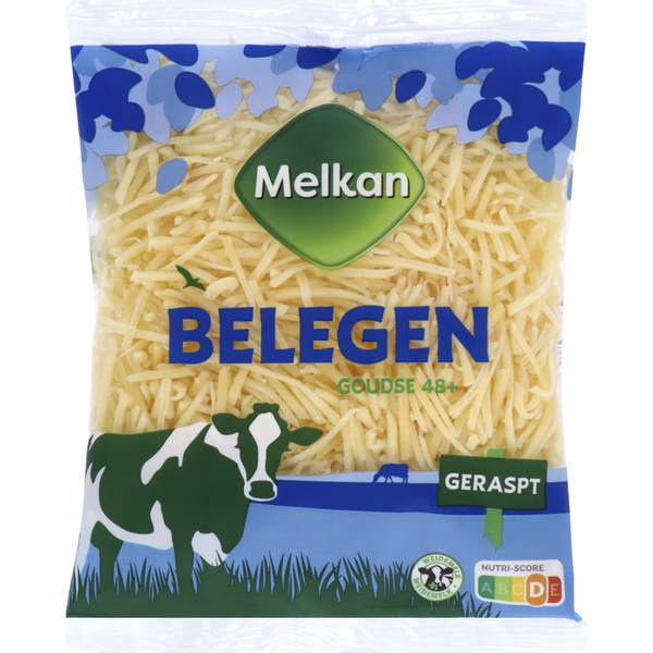 Melkan Geraspte kaas Gouda belegen 48+ voorkant