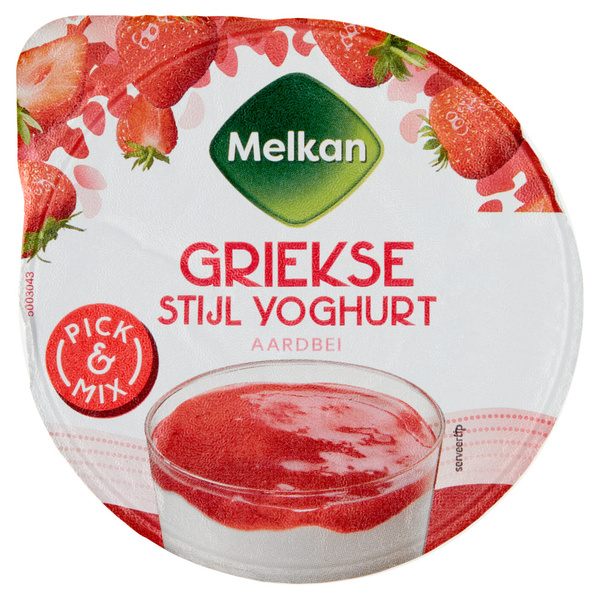 Melkan Griekse Aardbei yoghurt voorkant
