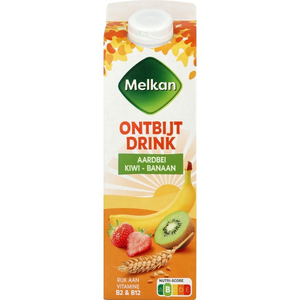 Melkan ontbijtdrink aardbei kiwi banaan voorkant