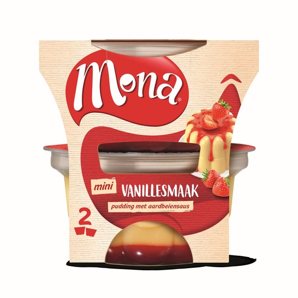 Mona pudding vanille met aardbeiensaus voorkant