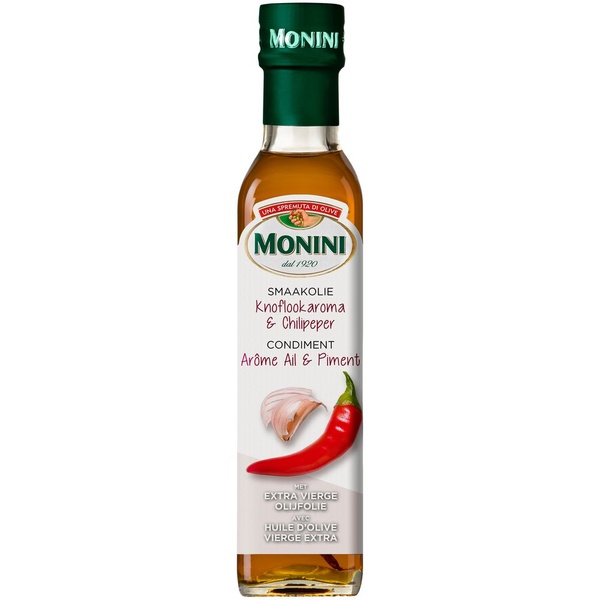 Monini olijfolie met knoflookaroma en chilipeper voorkant