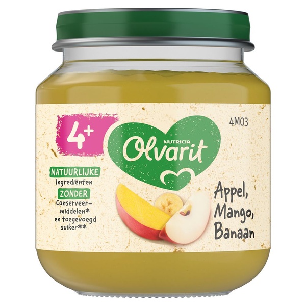 Olvarit baby/peuter fruithapje appel, mango en banaan voorkant