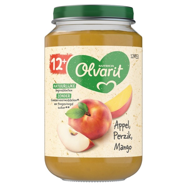 Olvarit baby/peuter fruithapje appel, perzik en mango voorkant