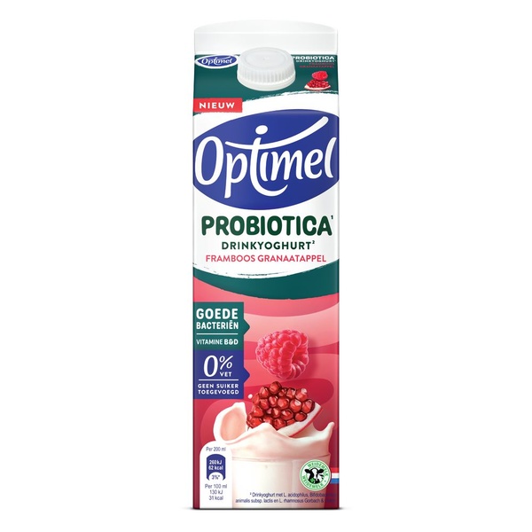 Optimel drinkyoghurt probiotica framboos granaatappel achterkant