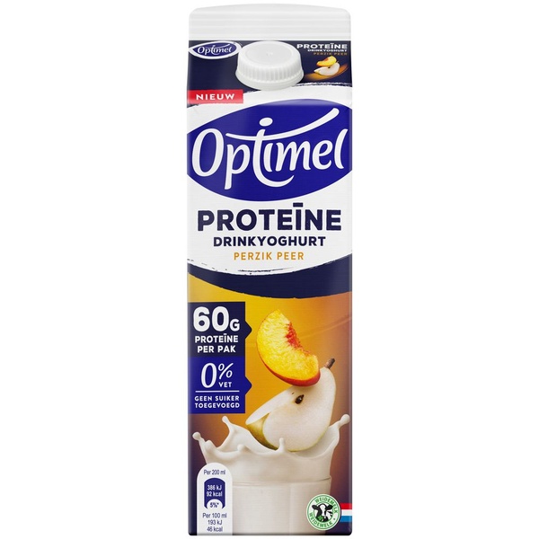 Optimel drinkyoghurt proteïne perzik peer 0% vet voorkant