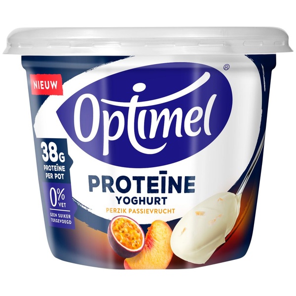 Optimel yoghurt proteine perzik passie voorkant