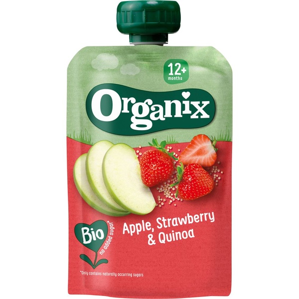 Organix biologisch knijpfruit appel, aardbei en quinoa 12+m voorkant