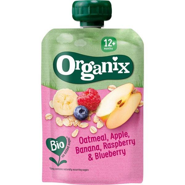 Organix biologisch knijpfruit haver, appel, banaan, aardbei, bosbes 12+m voorkant