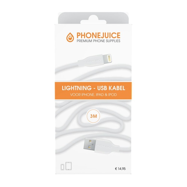 Phonejuice USB kabel 3 meter wit voorkant