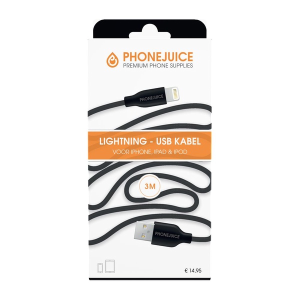 Phonejuice USB kabel 3 meter zwart voorkant
