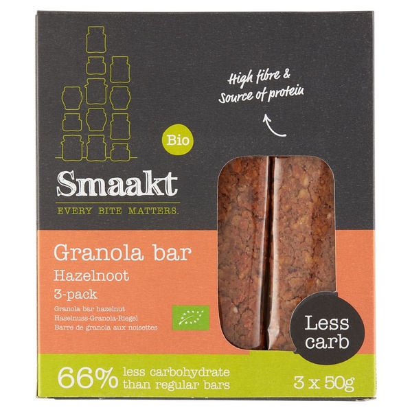 Smaakt Less carb granola bar hazelnoot 3-pack voorkant