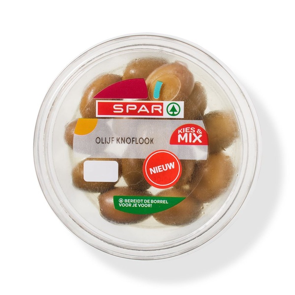 Spar olijven gevuld knoflook voorkant