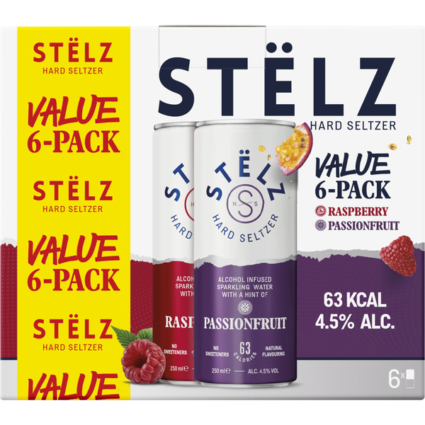 Stëlz hard seltzer raspberry & passionfruit voorkant