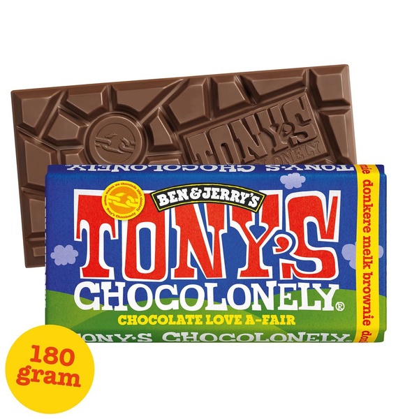 Tony's chocolonely chocolade reep Donkere Melk Brownie voorkant