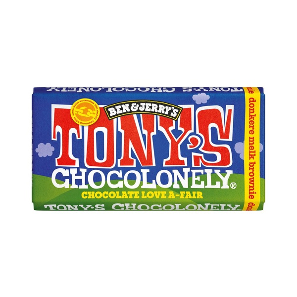 Tony's chocolonely chocolade reep Donkere Melk Brownie achterkant