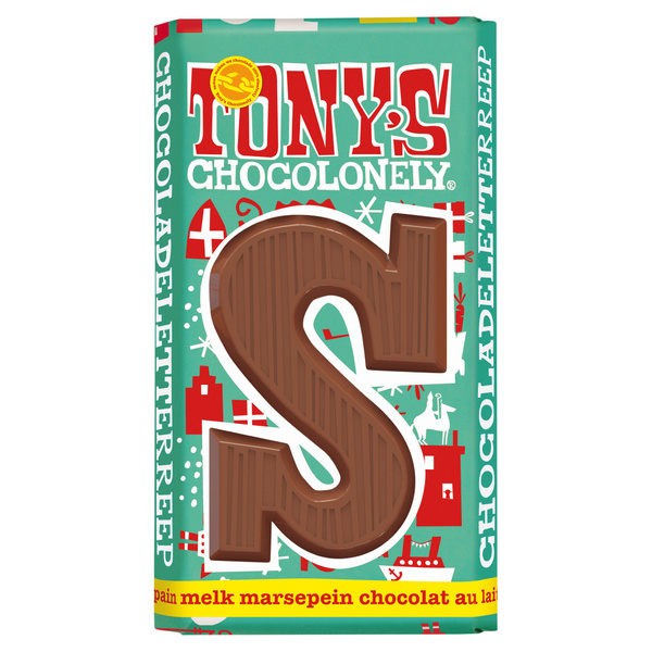 Tony's chocolonely chocoladeletter melk marsepein S voorkant