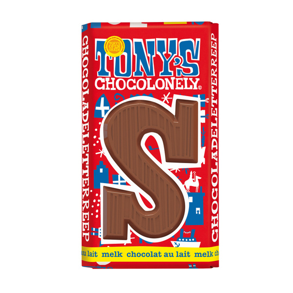 Tony's chocolonely chocoladeletter melk S voorkant