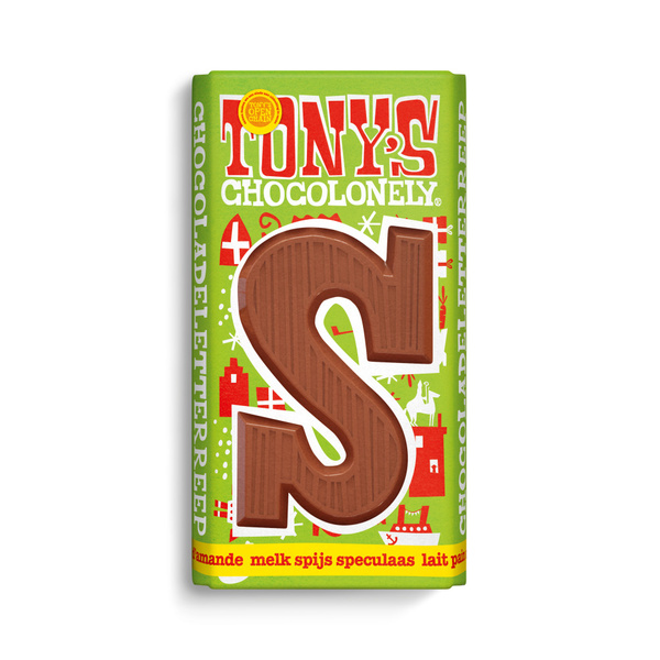 Tony's chocolonely chocoladeletter melk spijs speculaas S voorkant