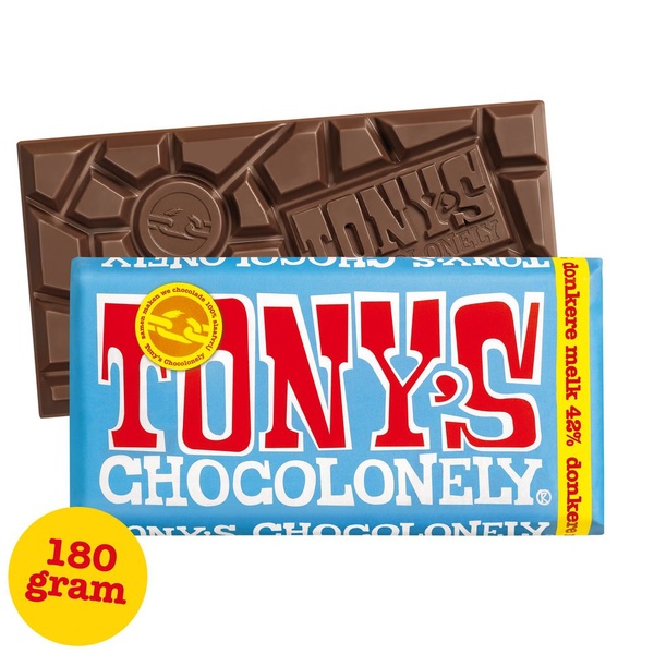 Tony's chocolonely chocoladereep donkere melk 42% achterkant