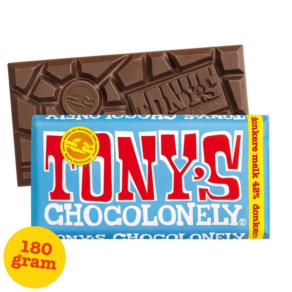 Tony's chocolonely chocoladereep donkere melk 42% voorkant