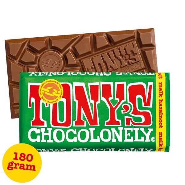 Tony's chocolonely chocoladereep melk hazelnoot achterkant